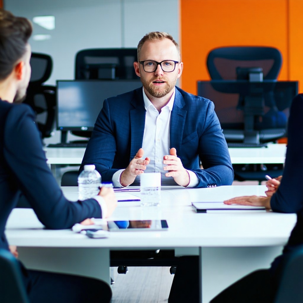 The reprotage tyle photo image depicts a technical thought leader chairing a meeting of leadership teams members The shot shows no faces and the predominat colour scheme is navy and orange-1