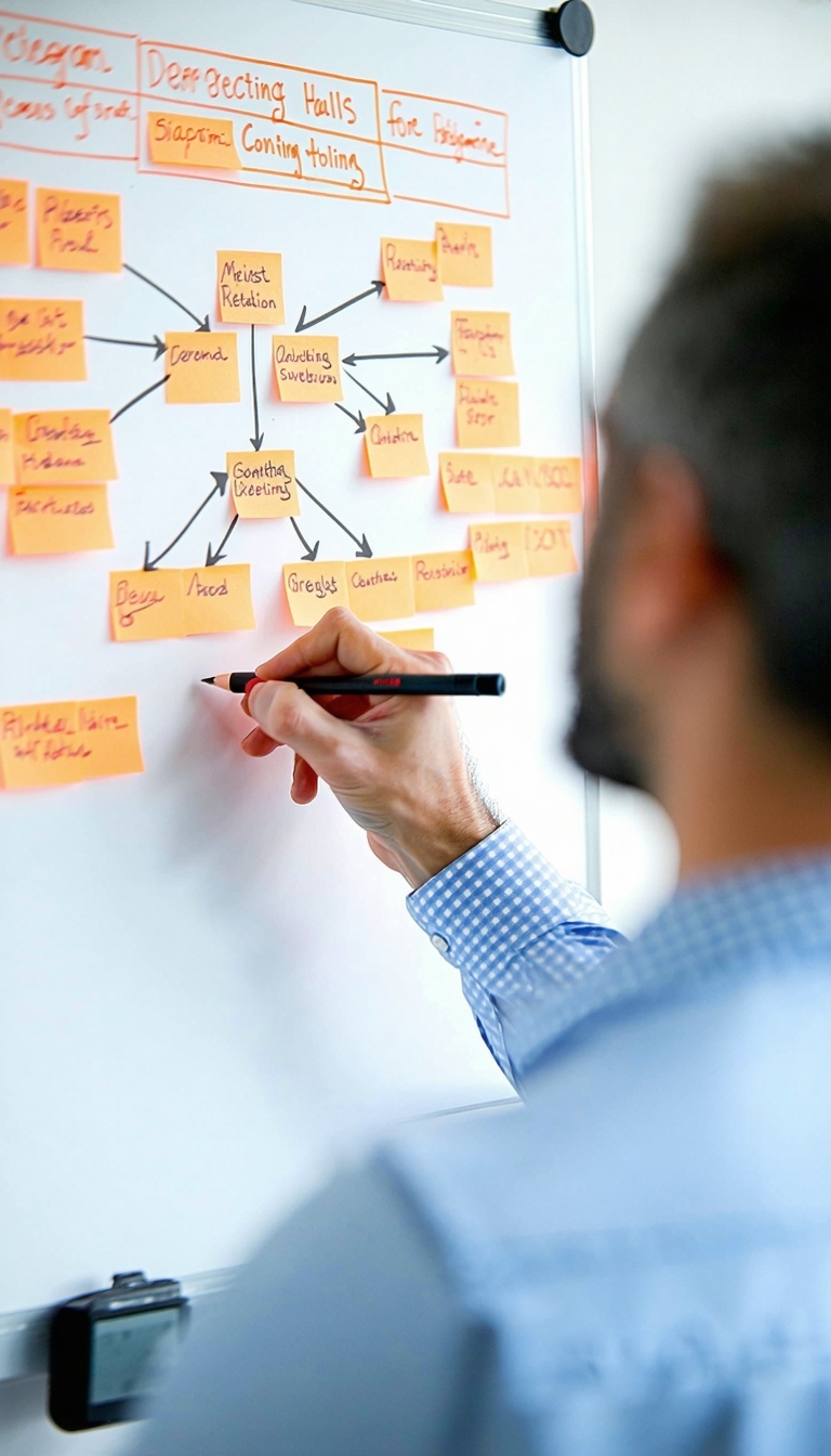 a consultant plotting a relationship diagram on a whiteboard in a close cropped shot The predominant colour scheme is blue and orange-1