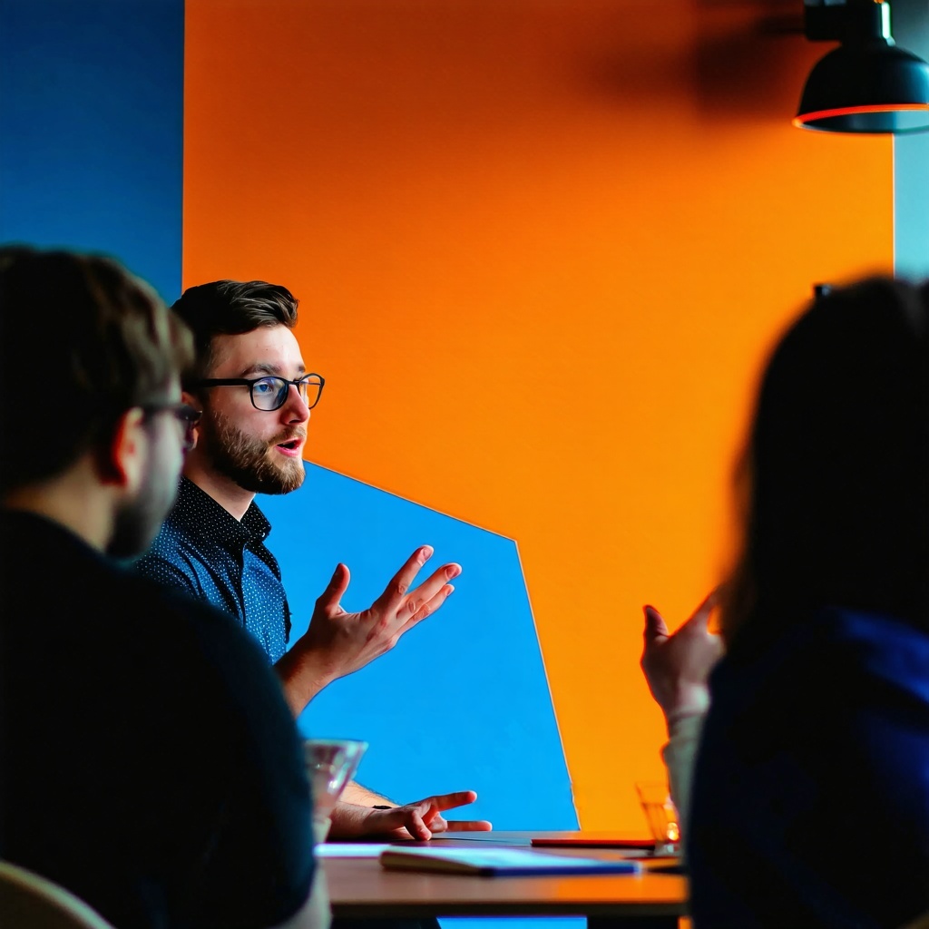 a consultant surrounded by orange and blue background delivering a workshop